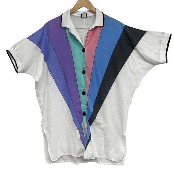 Vintage‎ Dotti Geometric Oversized Long Wide Button Down Shirt  medium batwing - Picture 1 of 10